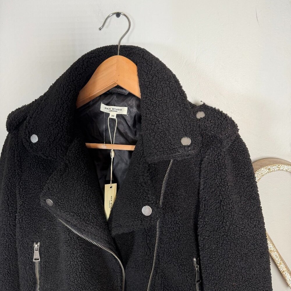 Max Studio Womens Utilitarian Moto Cropped Plush Faux Shearling Jacket XS Black - Picture 3 of 11